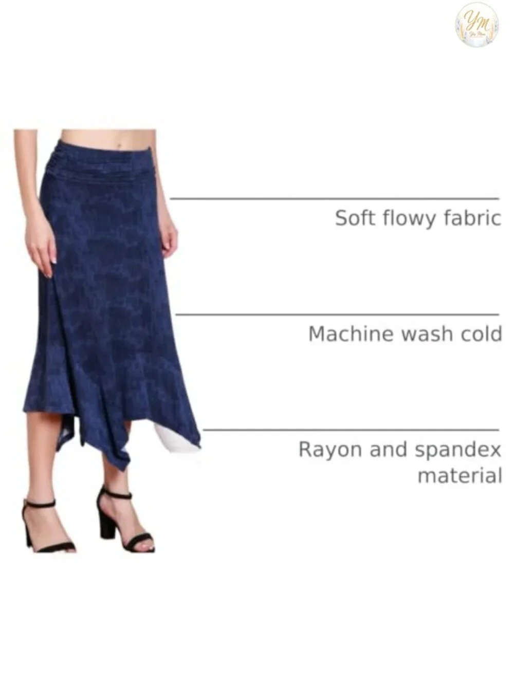 Flowy Handkerchief Hemline Midi Skirt Rayon Blend Elastic Waist
